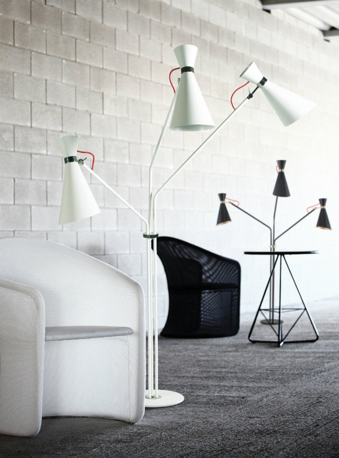 Image showcasing Industrial Design Icons: Floor lamps and brick walls