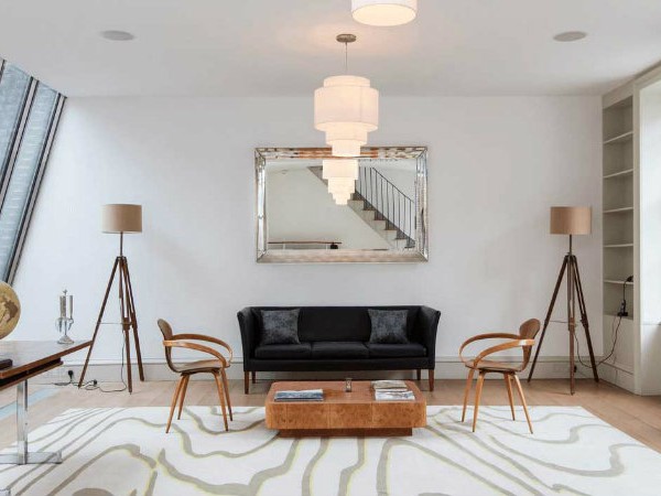 Wooden floor lamps for a mid-century modern home design Eclectic living space with twin tripod floor lamps