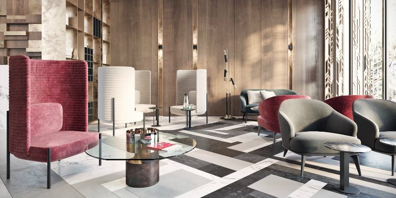 Modern Lobby in Moscow with Unique Floor Lamps